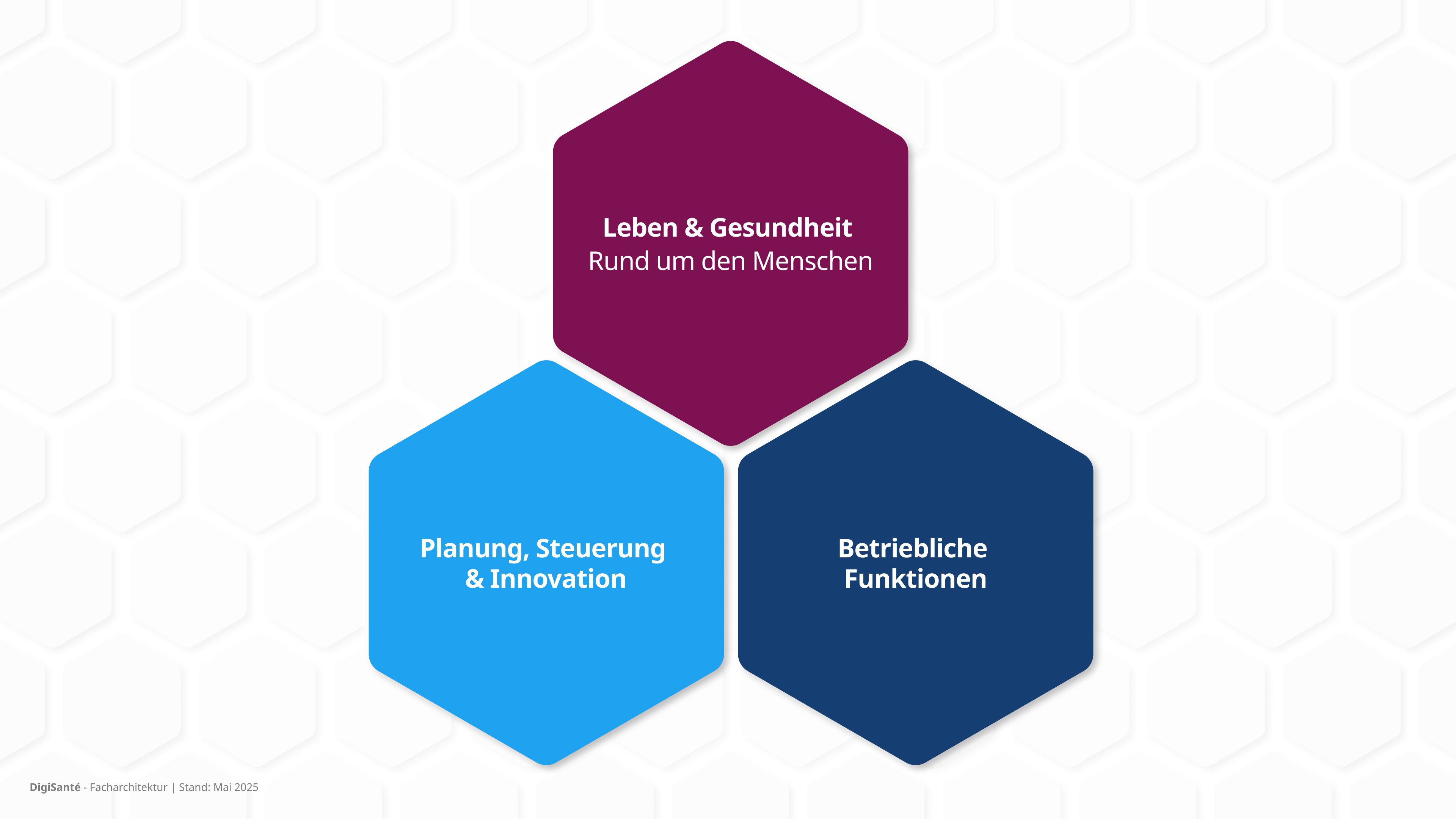 Facharchitektur, unterteilt in drei Bereiche 1. Leben & Gesundheit Rund um den Menschen 2. Planung, Steuerung & Innovation 3. Betriebliche Funktionen