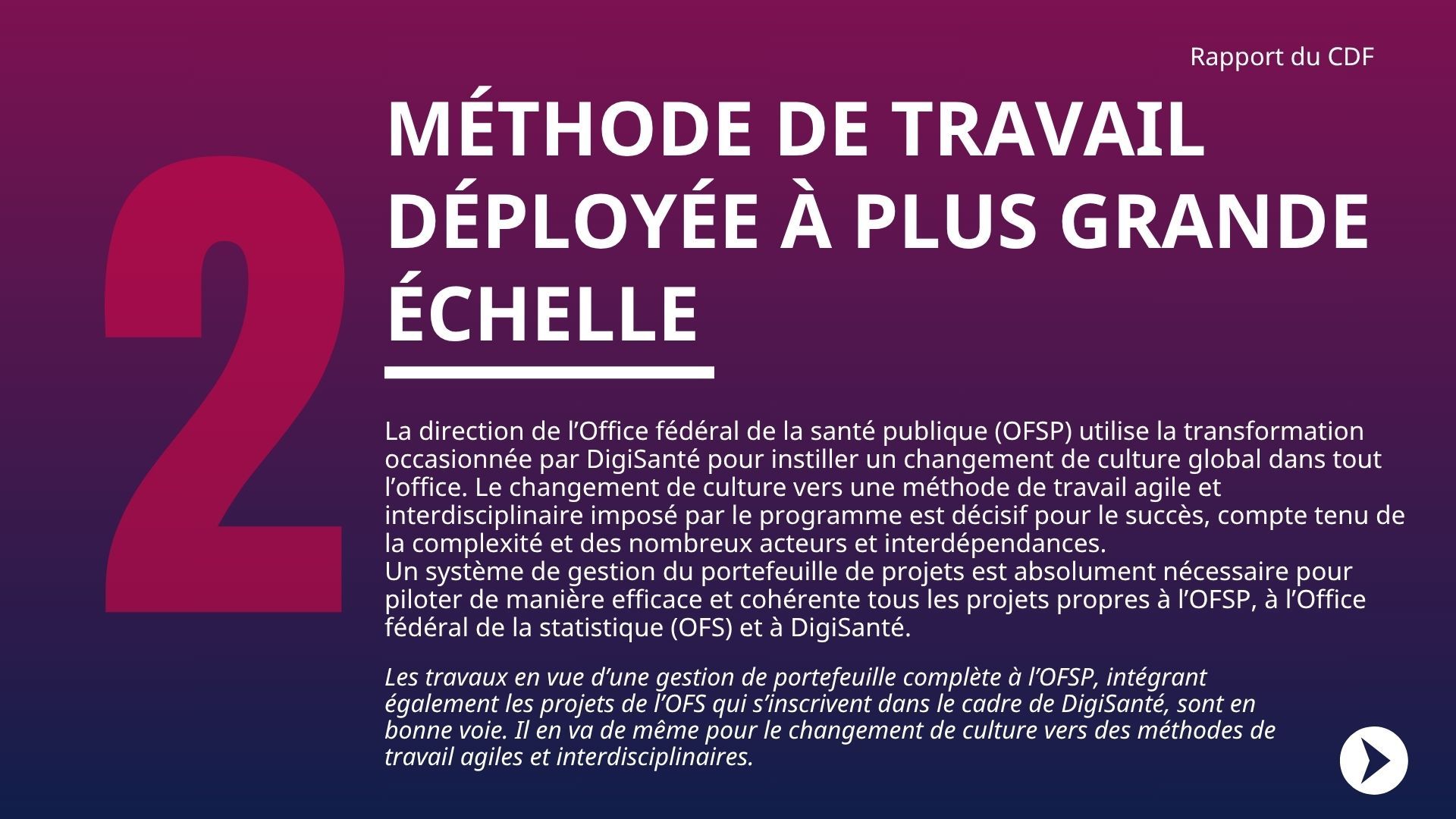 La direction de l’Office fédéral de la santé publique (OFSP) utilise la transformation occasionnée par DigiSanté pour instiller un changement de culture global dans tout l’office. Le changement de culture vers une méthode de travail agile et interdisciplinaire imposé par le programme est décisif pour le succès, compte tenu de la complexité et des nombreux acteurs et interdépendances. Un système de gestion du portefeuille de projets est absolument nécessaire pour piloter de manière efficace et cohérente tous les projets propres à l’OFSP, à l’Office fédéral de la statistique (OFS) et à DigiSanté.