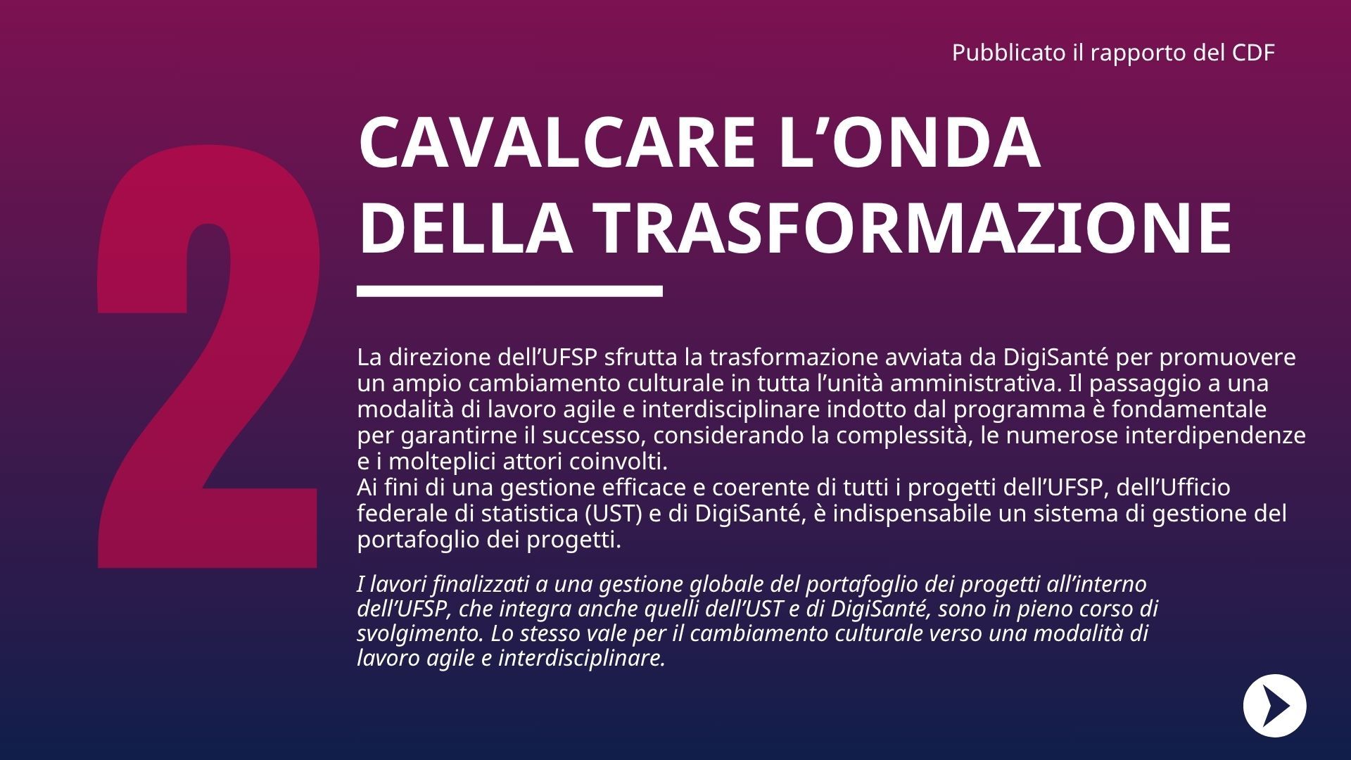 La direzione dell'UFSP sta utilizzando la trasformazione innescata da DigiSanté come nucleo per un cambiamento culturale globale in tutto l'Ufficio. Data la complessità e le numerose dipendenze e parti interessate, il passaggio a un metodo di lavoro agile e interdisciplinare guidato dal programma è fondamentale per il successo. Un sistema di gestione del portafoglio progetti è essenziale per una gestione efficace e coerente di tutti i progetti dell'UFSP, dell'UST e di DigiSanté.