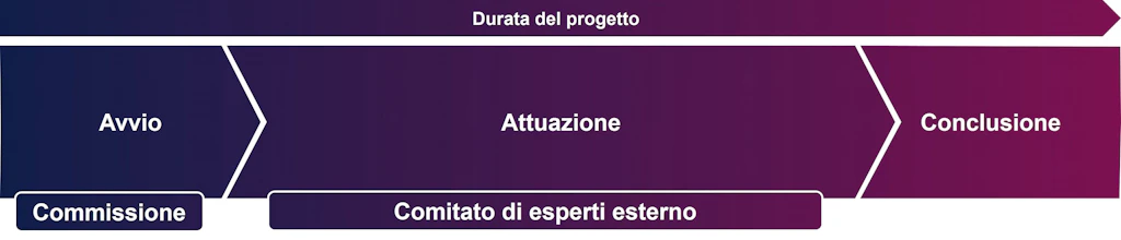 Rappresentazione del ciclo di un progetto e dei comitati che lo accompagnano. Fase di svvio con commissione e fase di attuazione con un comitato di esperti. 
