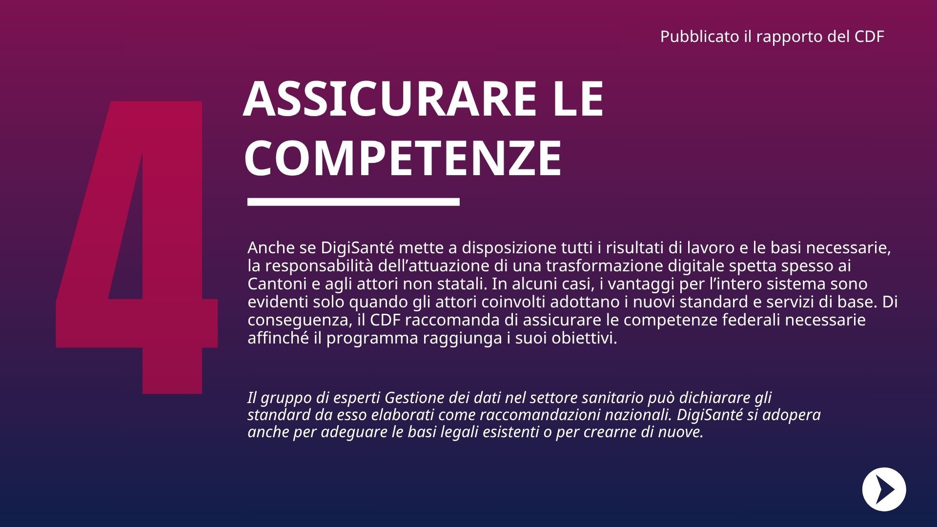 Anche se DigiSanté fornisce tutti i risultati di lavoro e le basi necessarie, la responsabilità dell'implementazione di una trasformazione digitale spetta spesso ai cantoni e agli attori non statali. In alcuni casi, i benefici per l'intero sistema si concretizzeranno solo quando gli attori interessati applicheranno nuovi standard e servizi di base. Di conseguenza, il CDF raccomanda di garantire le necessarie competenze federali per assicurare che il programma raggiunga i suoi obiettivi.